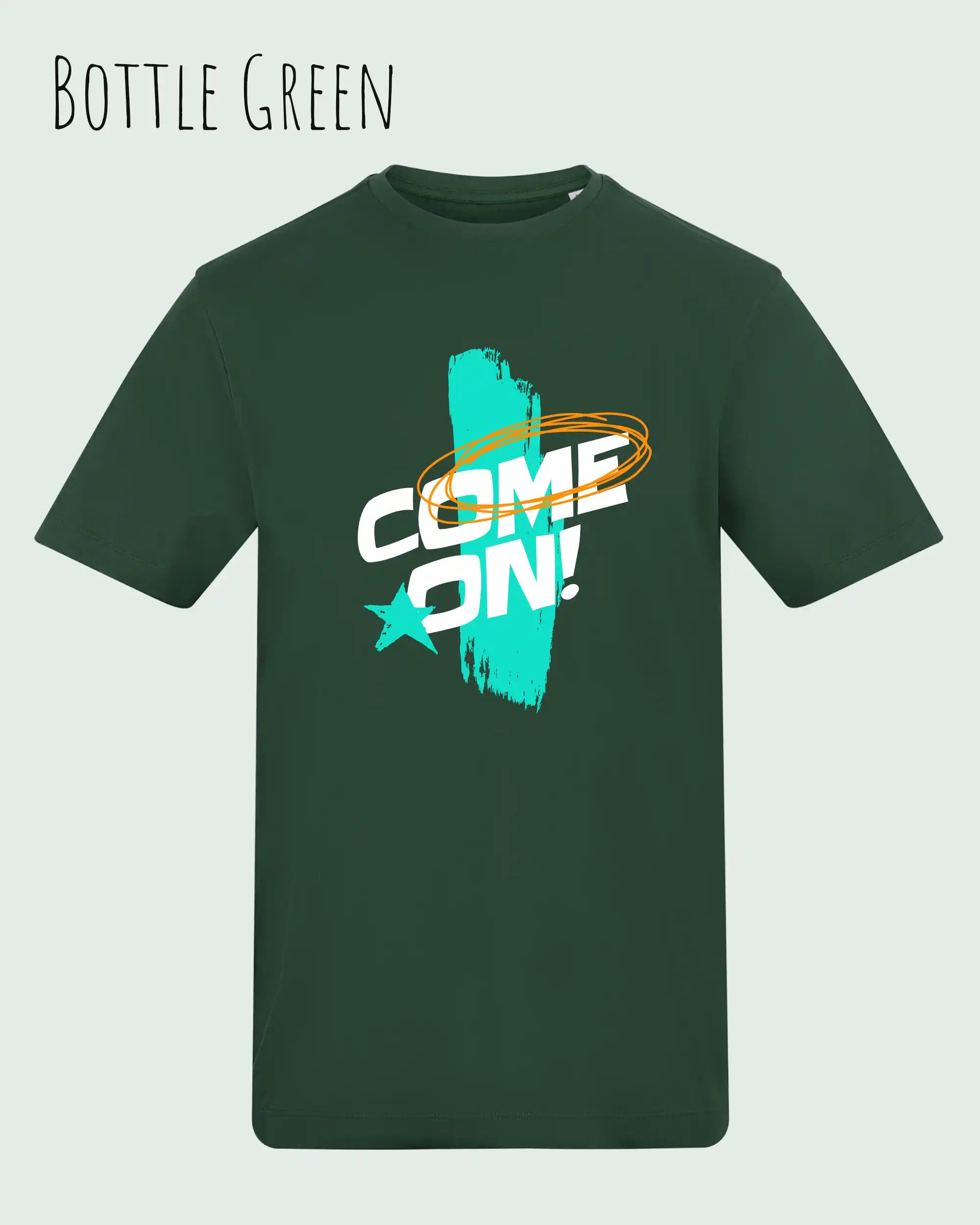 Das Bild zeigt das Unisex Design-T-Shirt AWDis 180 T iin der Farbe bottle green mit dem Motiv Come On!