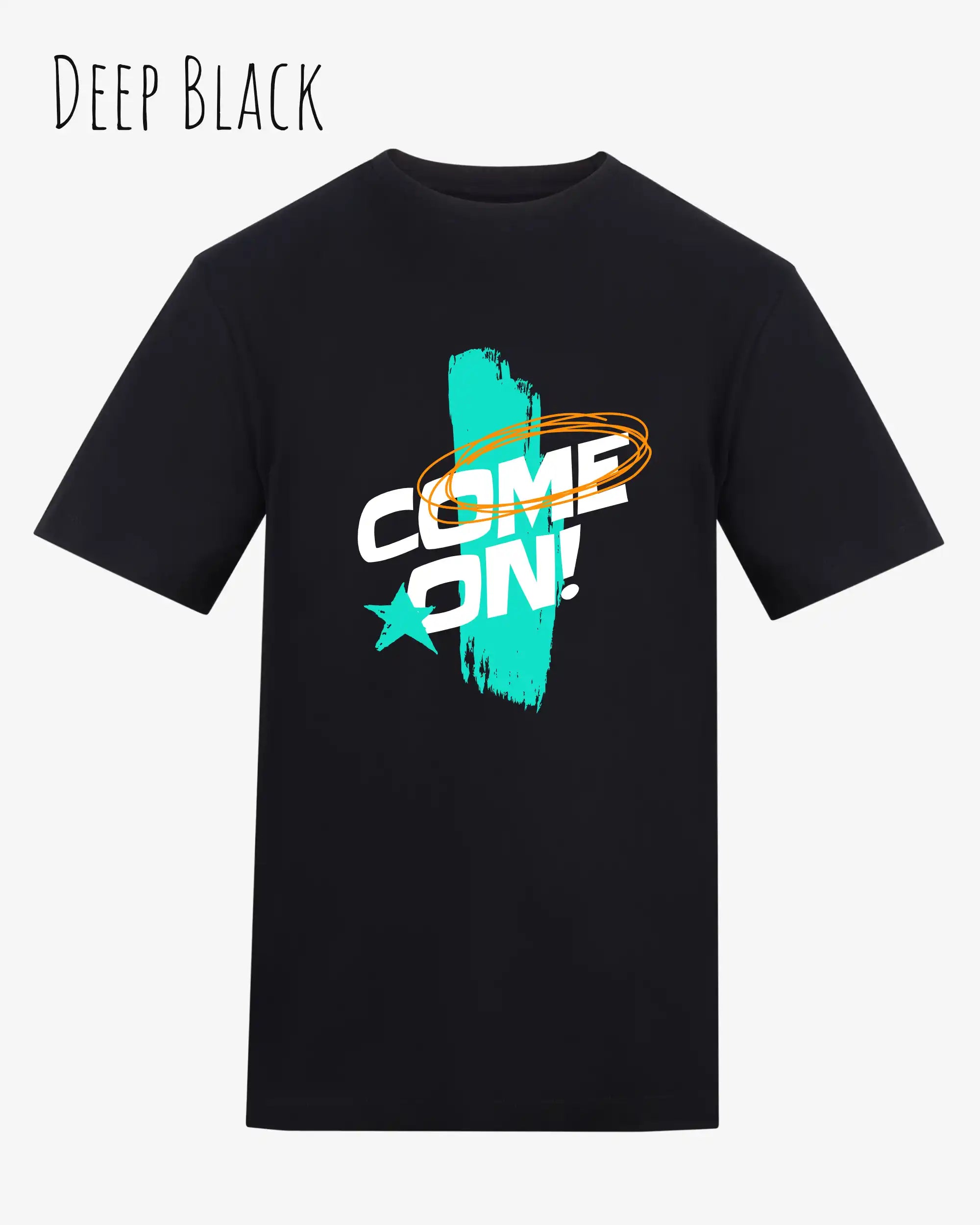 Das Bild zeigt das Unisex Design-T-Shirt AWDis 180 T iin der Farbe deep black mit dem Motiv Come On!