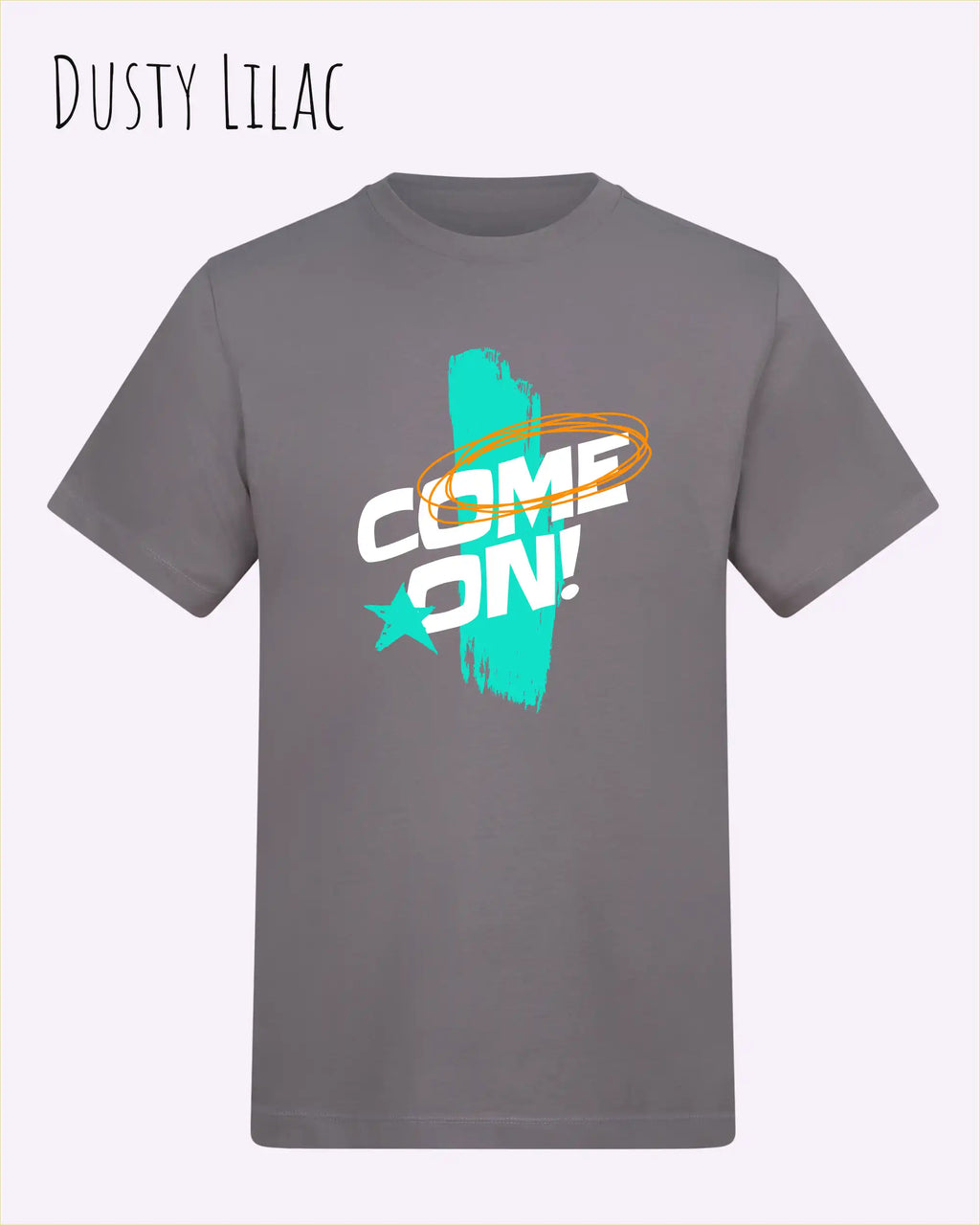 Das Bild zeigt das Unisex Design-T-Shirt AWDis 180 T iin der Farbe dusty lilac mit dem Motiv Come On!