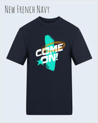 Das Bild zeigt das Unisex Design-T-Shirt AWDis 180 T iin der Farbe new french navy mit dem Motiv Come On!