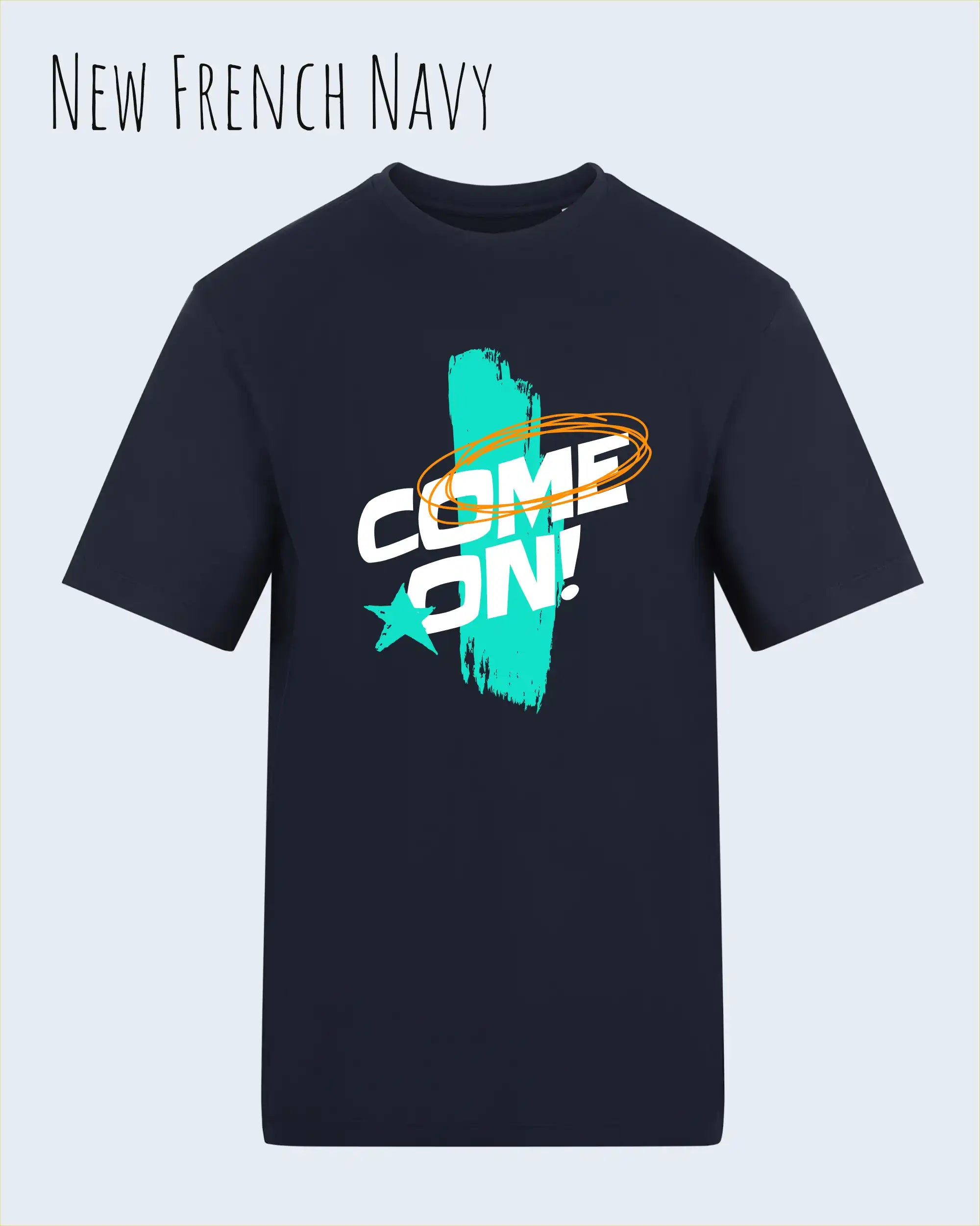 Das Bild zeigt das Unisex Design-T-Shirt AWDis 180 T iin der Farbe new french navy mit dem Motiv Come On!
