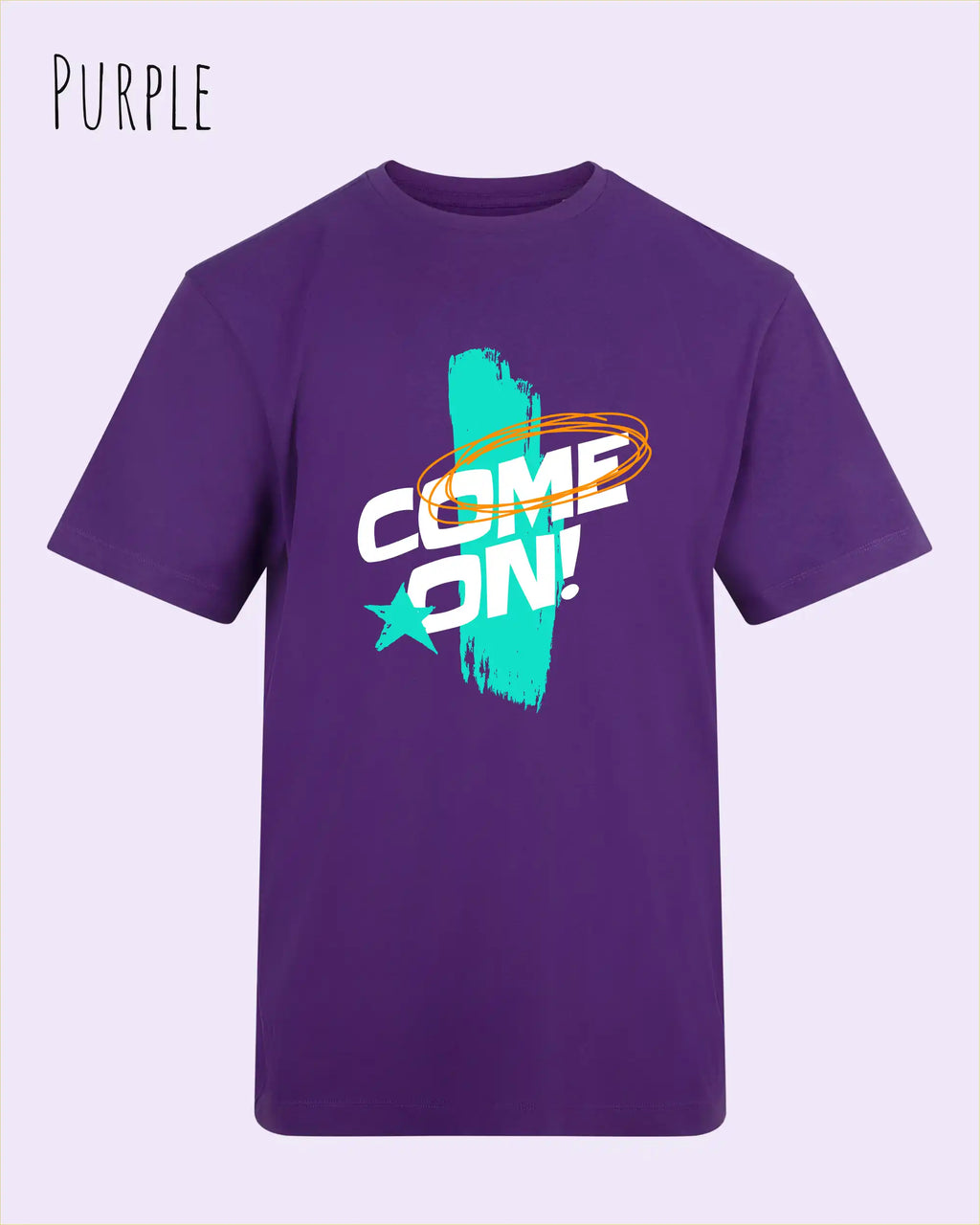 Das Bild zeigt das Unisex Design-T-Shirt AWDis 180 T iin der Farbe purple mit dem Motiv Come On!