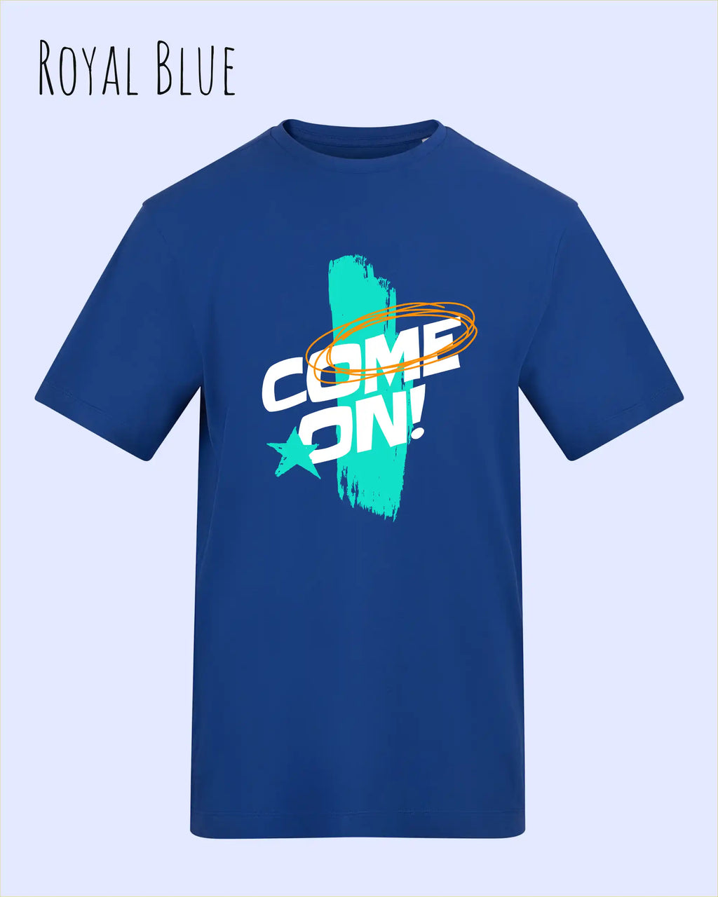 Das Bild zeigt das Unisex Design-T-Shirt AWDis 180 T iin der Farbe royal blue mit dem Motiv Come On!