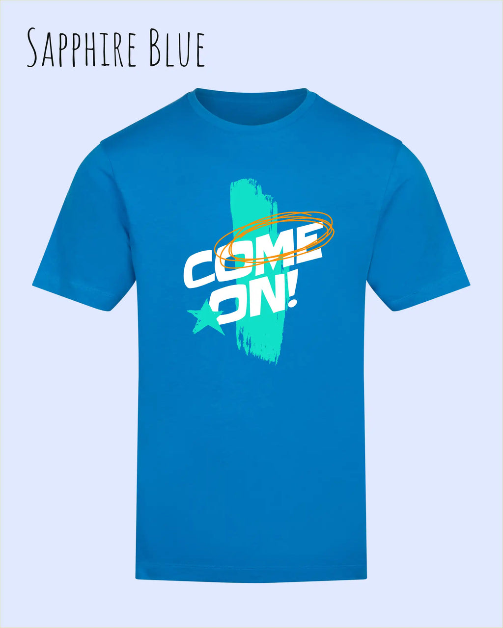Das Bild zeigt das Unisex Design-T-Shirt AWDis 180 T iin der Farbe sapphire blue mit dem Motiv Come On!