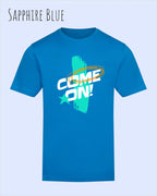 Das Bild zeigt das Unisex Design-T-Shirt AWDis 180 T iin der Farbe sapphire blue mit dem Motiv Come On!