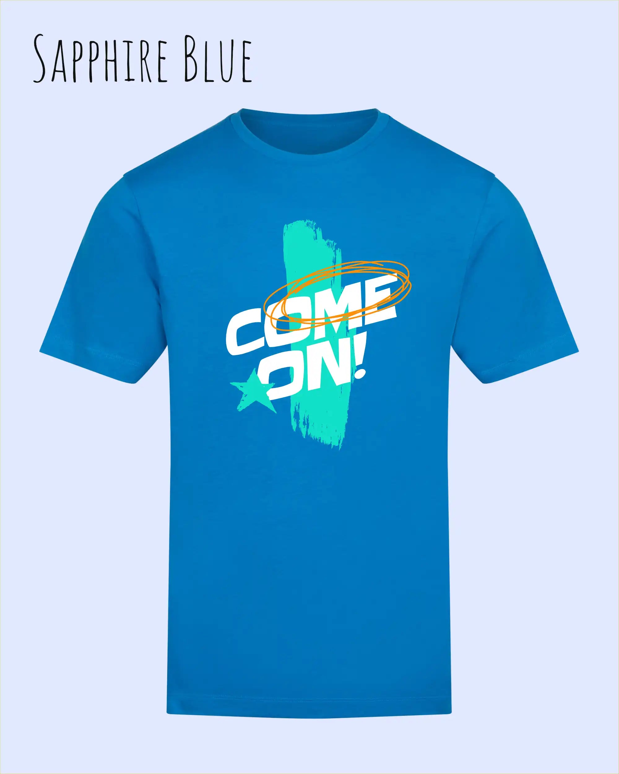 Das Bild zeigt das Unisex Design-T-Shirt AWDis 180 T iin der Farbe sapphire blue mit dem Motiv Come On!