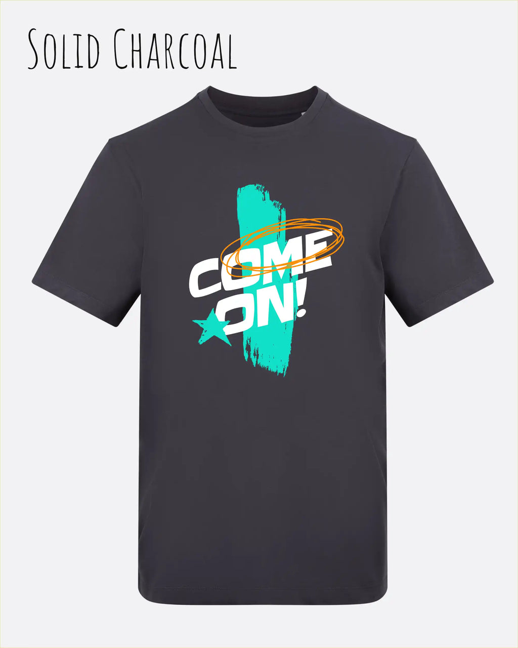 Das Bild zeigt das Unisex Design-T-Shirt AWDis 180 T iin der Farbe solid charcoal  mit dem Motiv Come On!
