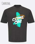 die Abbildung zeigt ein oversized heavyweight design-t-shirt in der farbe charcoal mit dem motiv come on!