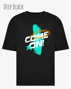 die Abbildung zeigt ein oversized heavyweight design-t-shirt in der farbe deep black mit dem motiv come on!