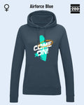 Das bild zeigt den Damen-Design-Hoodie JH001F von AWDis Jusat hoods in der farbe airforce blue mit dem markanten motiv "COME ON".