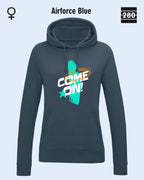 Das bild zeigt den Damen-Design-Hoodie JH001F von AWDis Jusat hoods in der farbe airforce blue mit dem markanten motiv "COME ON".