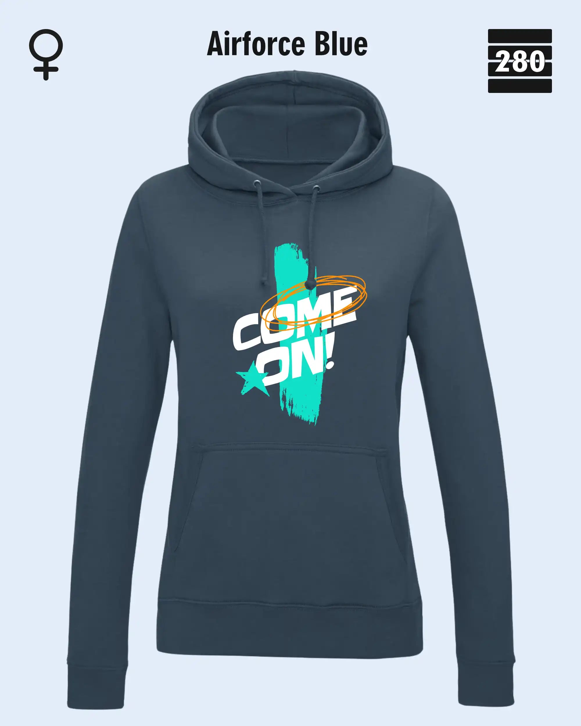 Das bild zeigt den Damen-Design-Hoodie JH001F von AWDis Jusat hoods in der farbe airforce blue mit dem markanten motiv "COME ON".