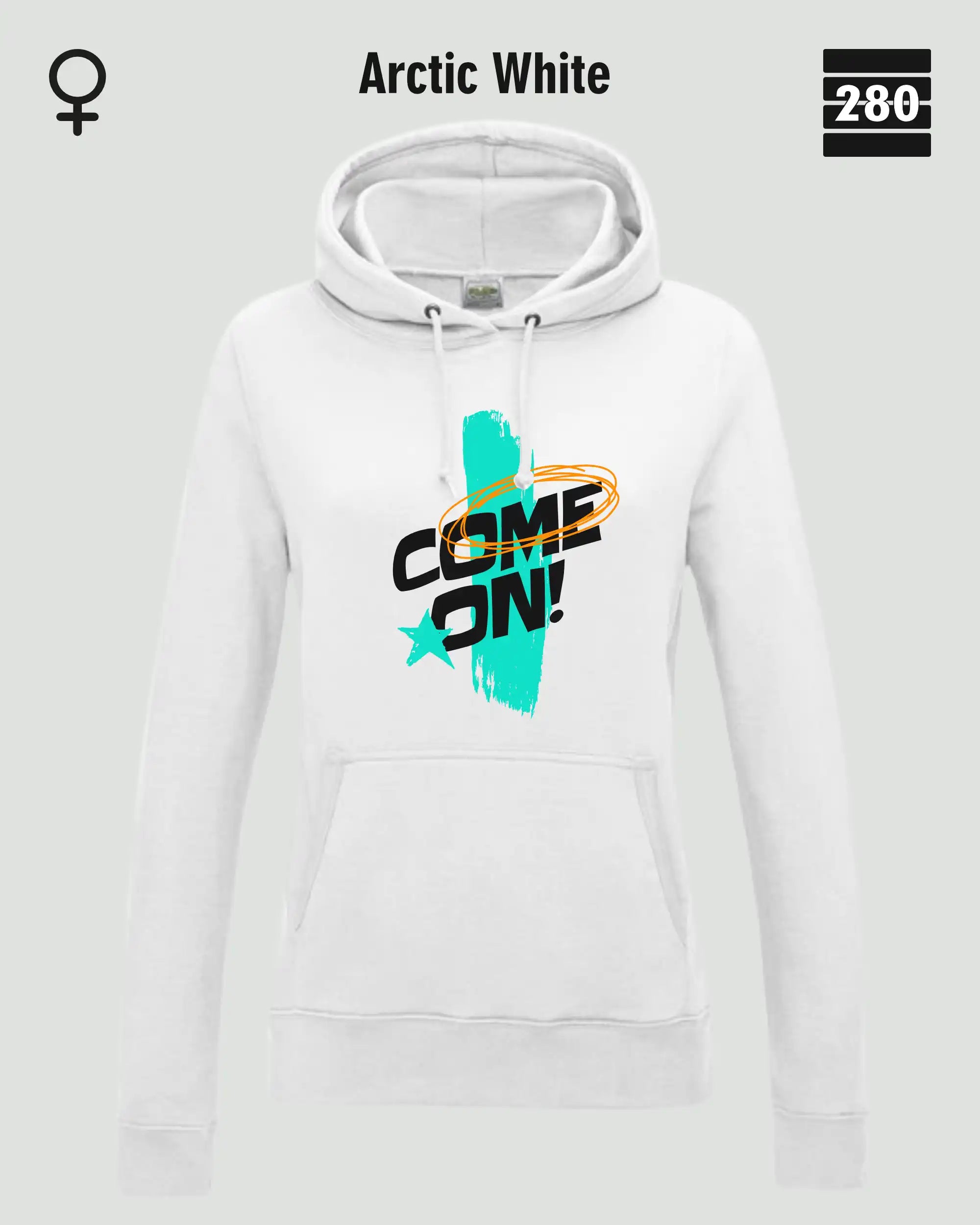 Das bild zeigt den Damen-Design-Hoodie JH001F von AWDis Jusat hoods in der farbe arctic white mit dem markanten motiv "COME ON".