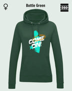 Das bild zeigt den Damen-Design-Hoodie JH001F von AWDis Jusat hoods in der farbe bottle green mit dem markanten motiv "COME ON".
