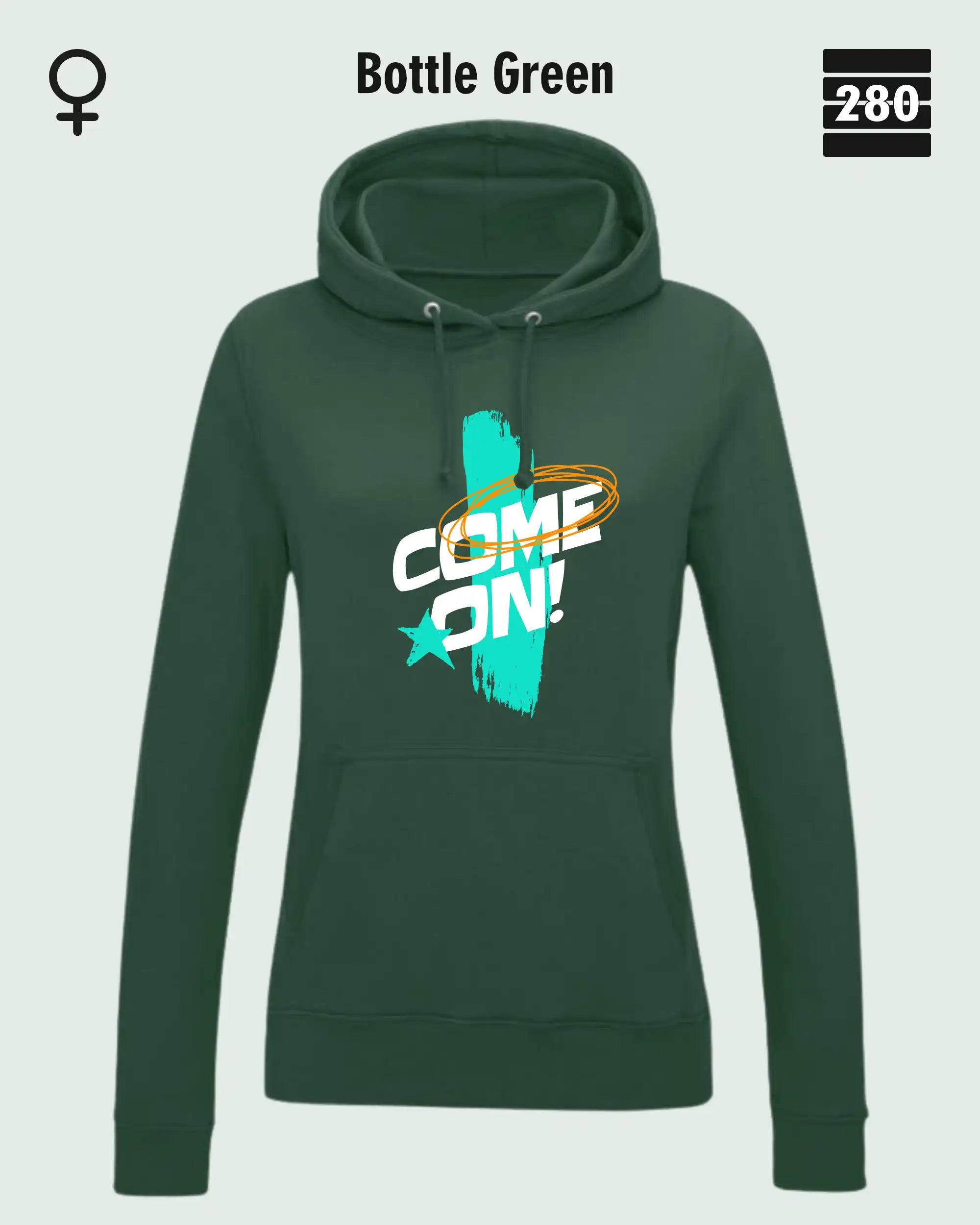 Das bild zeigt den Damen-Design-Hoodie JH001F von AWDis Jusat hoods in der farbe bottle green mit dem markanten motiv "COME ON".
