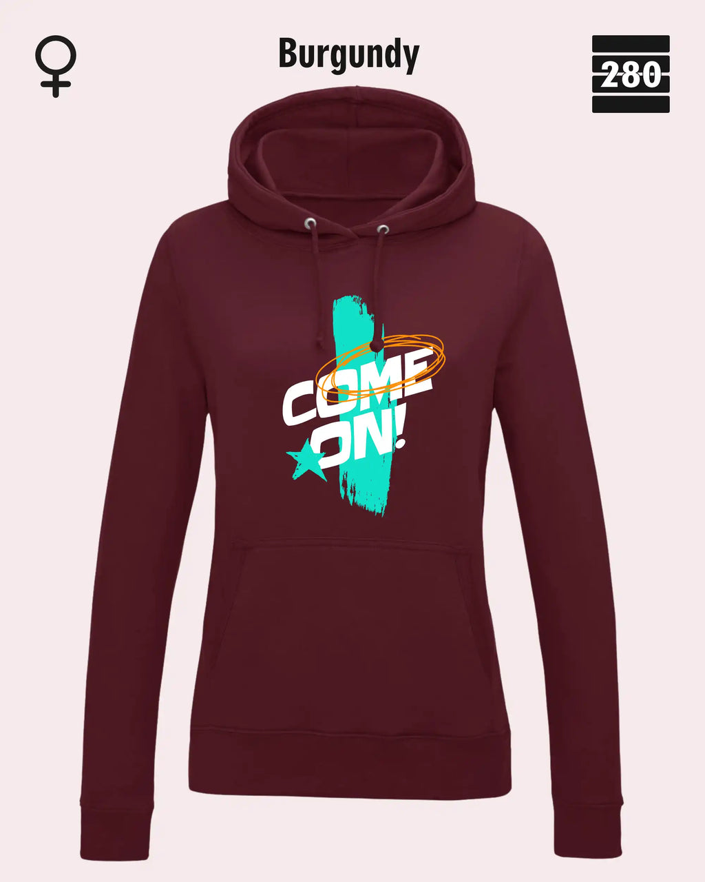 Das bild zeigt den Damen-Design-Hoodie JH001F von AWDis Jusat hoods in der farbe burgundy mit dem markanten motiv "COME ON".