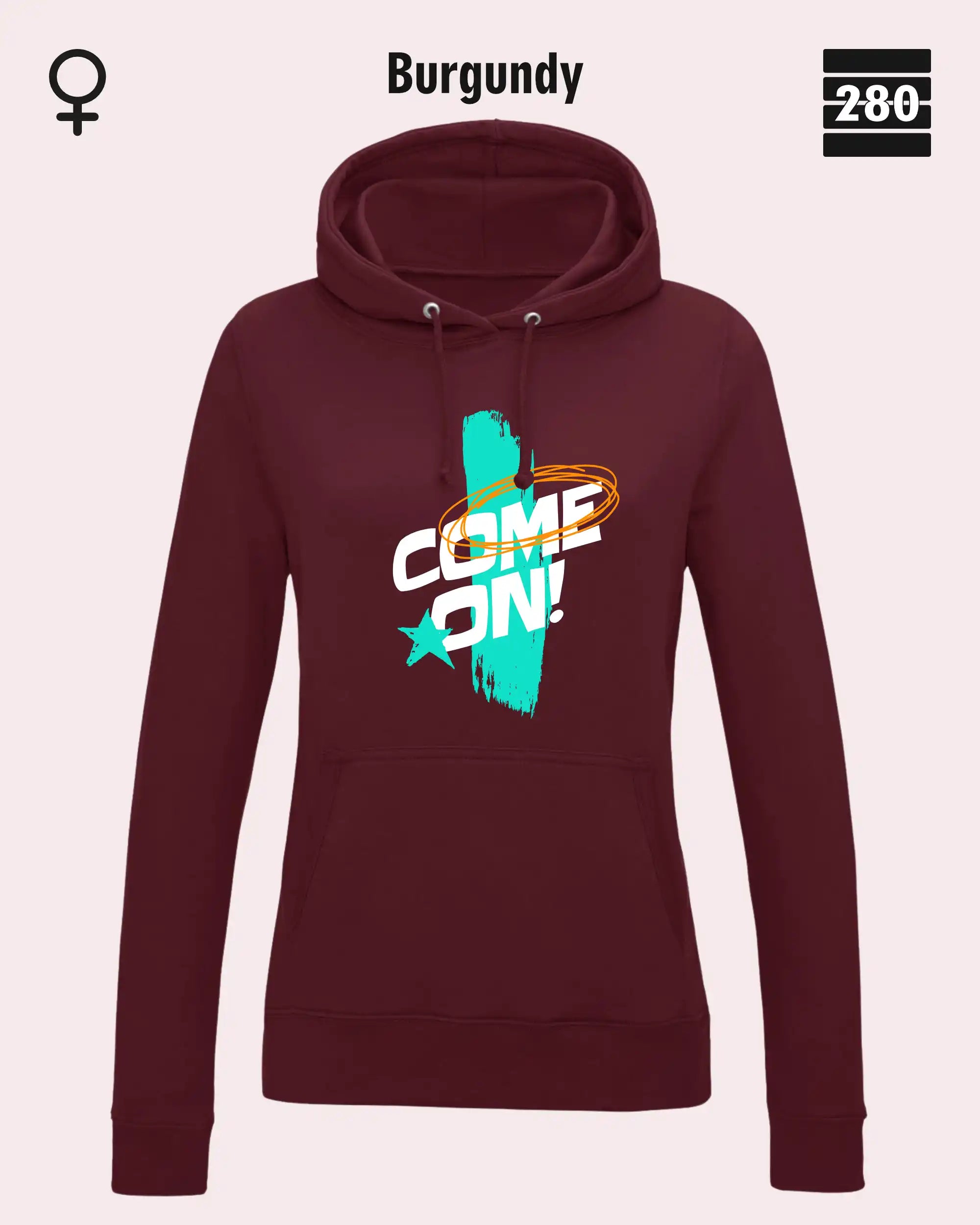 Das bild zeigt den Damen-Design-Hoodie JH001F von AWDis Jusat hoods in der farbe burgundy mit dem markanten motiv "COME ON".