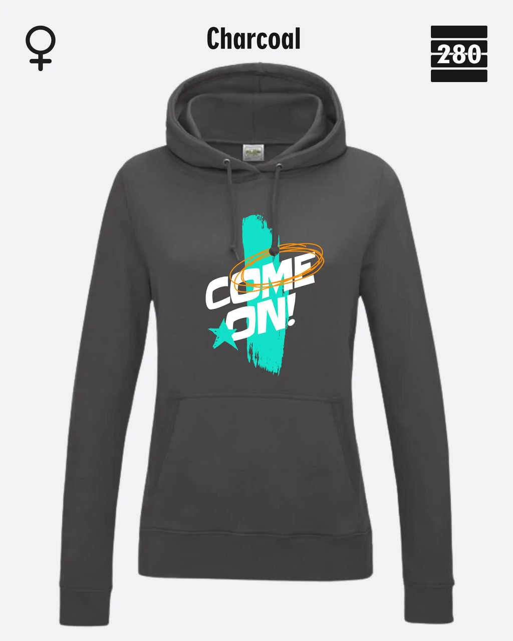 Das bild zeigt den Damen-Design-Hoodie JH001F von AWDis Jusat hoods in der farbe charcoal mit dem markanten motiv "COME ON".