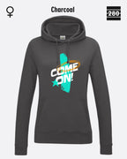 Das bild zeigt den Damen-Design-Hoodie JH001F von AWDis Jusat hoods in der farbe charcoal mit dem markanten motiv "COME ON".