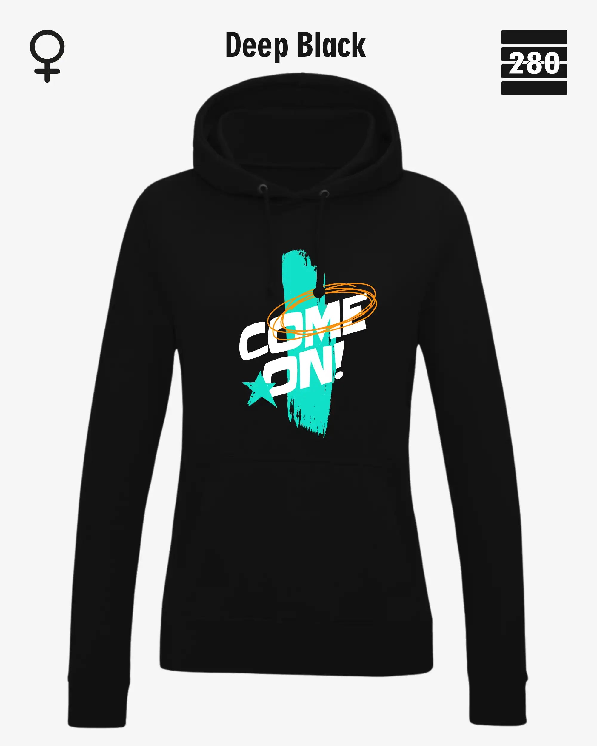 Das bild zeigt den Damen-Design-Hoodie JH001F von AWDis Jusat hoods in der farbe deep black mit dem markanten motiv "COME ON".