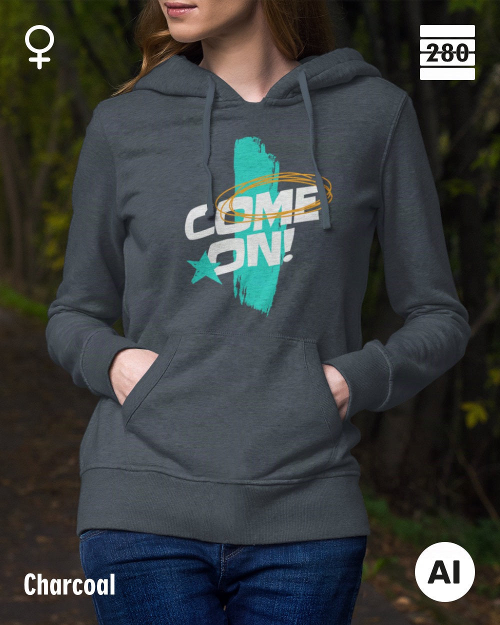 dieses bild zeigt eine junge frau, die einen Damen-Design-Hoodie in der farbe charcoal mit dem markanten motiv "COME ON" trägt.