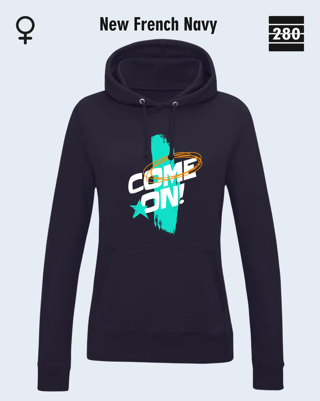 Das bild zeigt den Damen-Design-Hoodie JH001F von AWDis Jusat hoods in der farbe new french navy mit dem markanten motiv "COME ON".