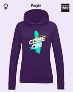 Das bild zeigt den Damen-Design-Hoodie JH001F von AWDis Jusat hoods in der farbe purple mit dem markanten motiv "COME ON".