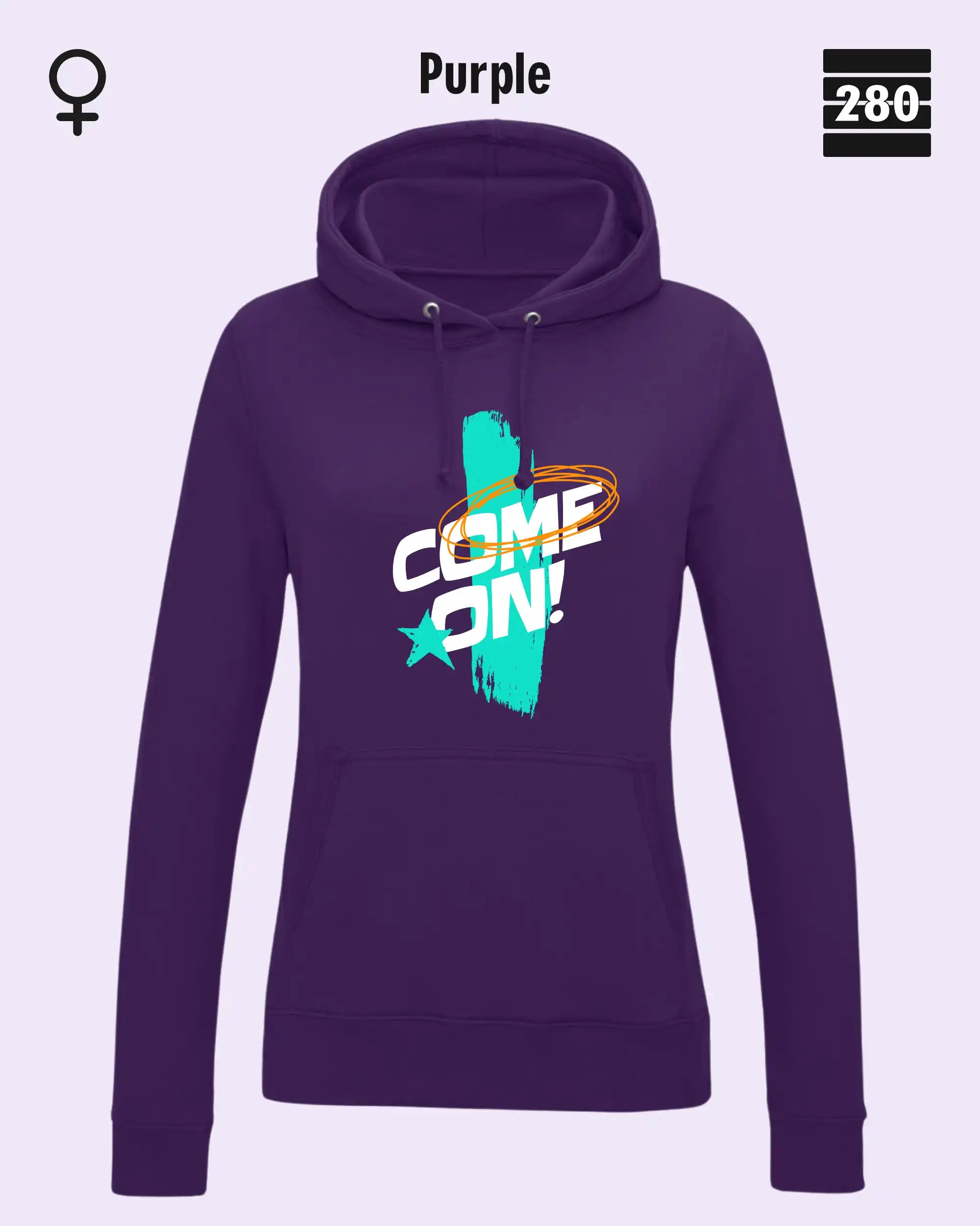 Das bild zeigt den Damen-Design-Hoodie JH001F von AWDis Jusat hoods in der farbe purple mit dem markanten motiv "COME ON".