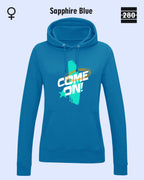 Das bild zeigt den Damen-Design-Hoodie JH001F von AWDis Jusat hoods in der farbe sapphire blue mit dem markanten motiv "COME ON".