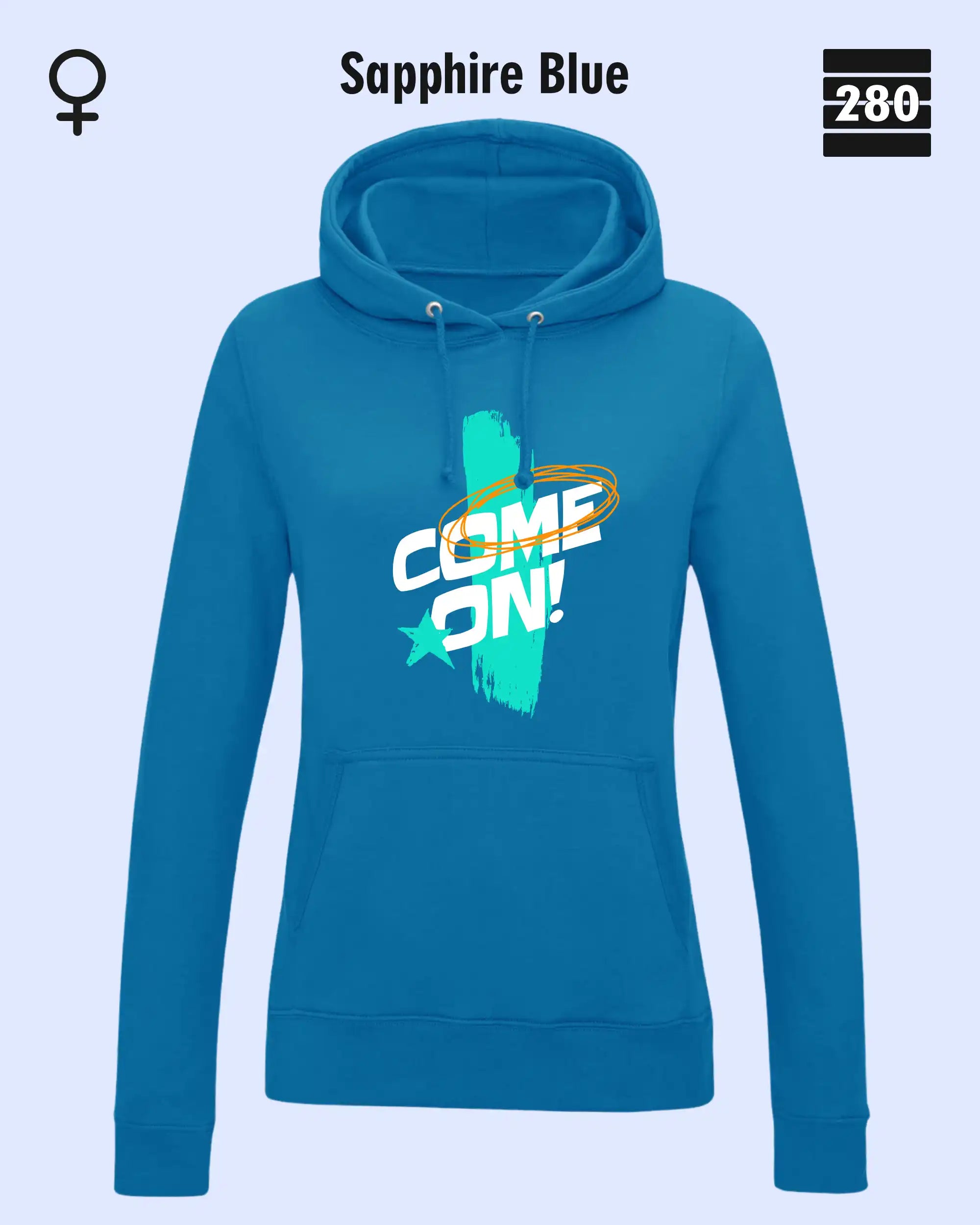 Das bild zeigt den Damen-Design-Hoodie JH001F von AWDis Jusat hoods in der farbe sapphire blue mit dem markanten motiv "COME ON".