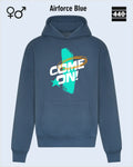 Das Bild zeigt den Heavyweight Design-Hoodie JH120 von just hoods in der farbe airforce blue mit dem temperamentvollen motiv "come on".