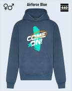 Das Bild zeigt den Heavyweight Design-Hoodie JH120 von just hoods in der farbe airforce blue mit dem temperamentvollen motiv "come on".