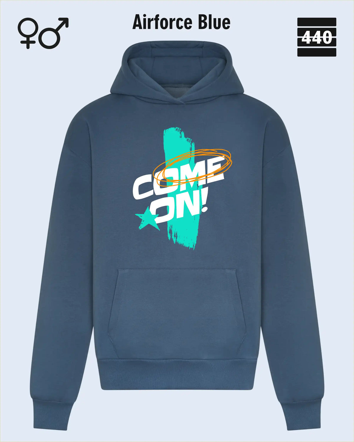 Das Bild zeigt den Heavyweight Design-Hoodie JH120 von just hoods in der farbe airforce blue mit dem temperamentvollen motiv "come on".