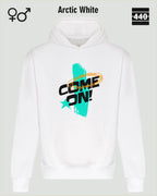 Das Bild zeigt den Heavyweight Design-Hoodie JH120 von just hoods in der farbe arctic white mit dem temperamentvollen motiv "come on".