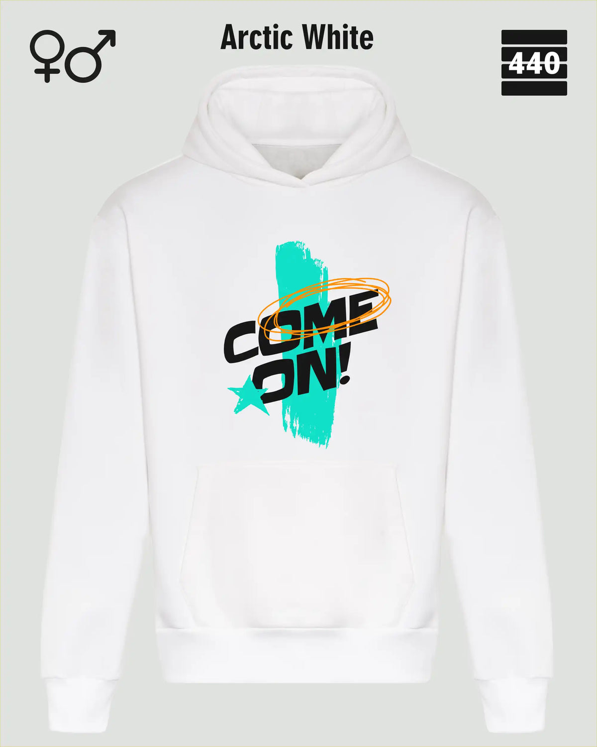 Das Bild zeigt den Heavyweight Design-Hoodie JH120 von just hoods in der farbe arctic white mit dem temperamentvollen motiv "come on".