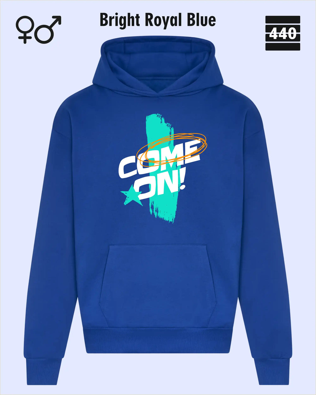 Das Bild zeigt den Heavyweight Design-Hoodie JH120 von just hoods in der farbe bright royal blue mit dem temperamentvollen motiv "come on".
