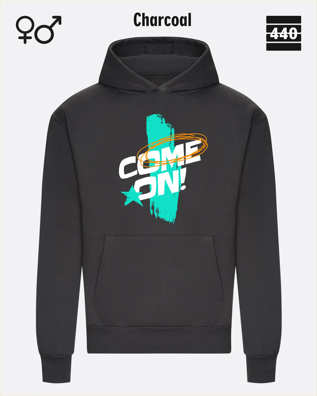 Das Bild zeigt den Heavyweight Design-Hoodie JH120 von just hoods in der farbe charcoal mit dem temperamentvollen motiv "come on".