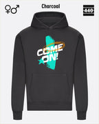 Das Bild zeigt den Heavyweight Design-Hoodie JH120 von just hoods in der farbe charcoal mit dem temperamentvollen motiv "come on".