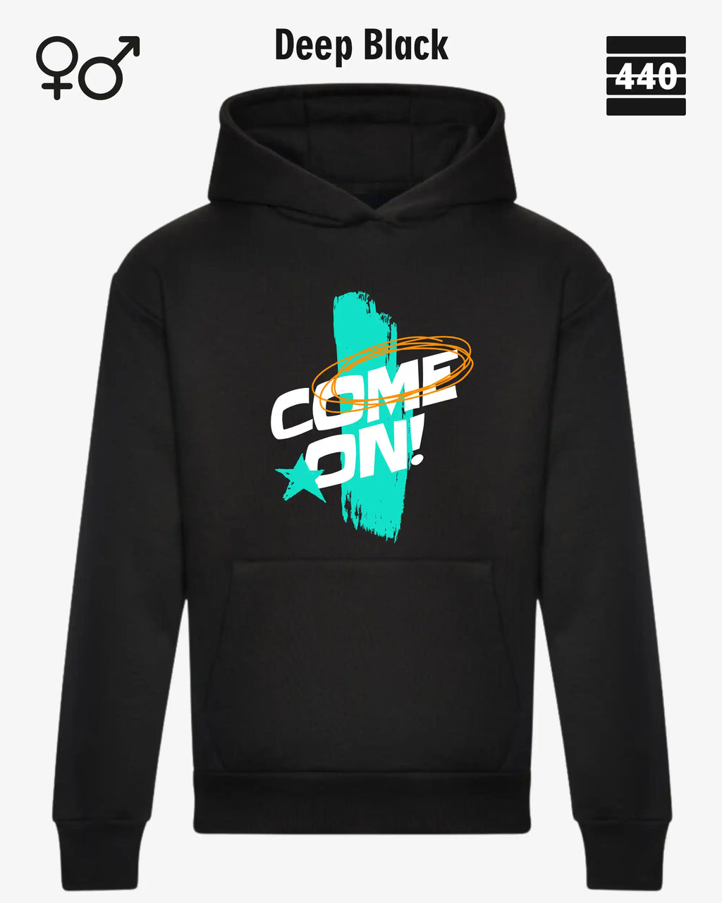 Das Bild zeigt den Heavyweight Design-Hoodie JH120 von just hoods in der farbe deep black mit dem temperamentvollen motiv "come on".