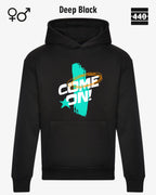 Das Bild zeigt den Heavyweight Design-Hoodie JH120 von just hoods in der farbe deep black mit dem temperamentvollen motiv "come on".