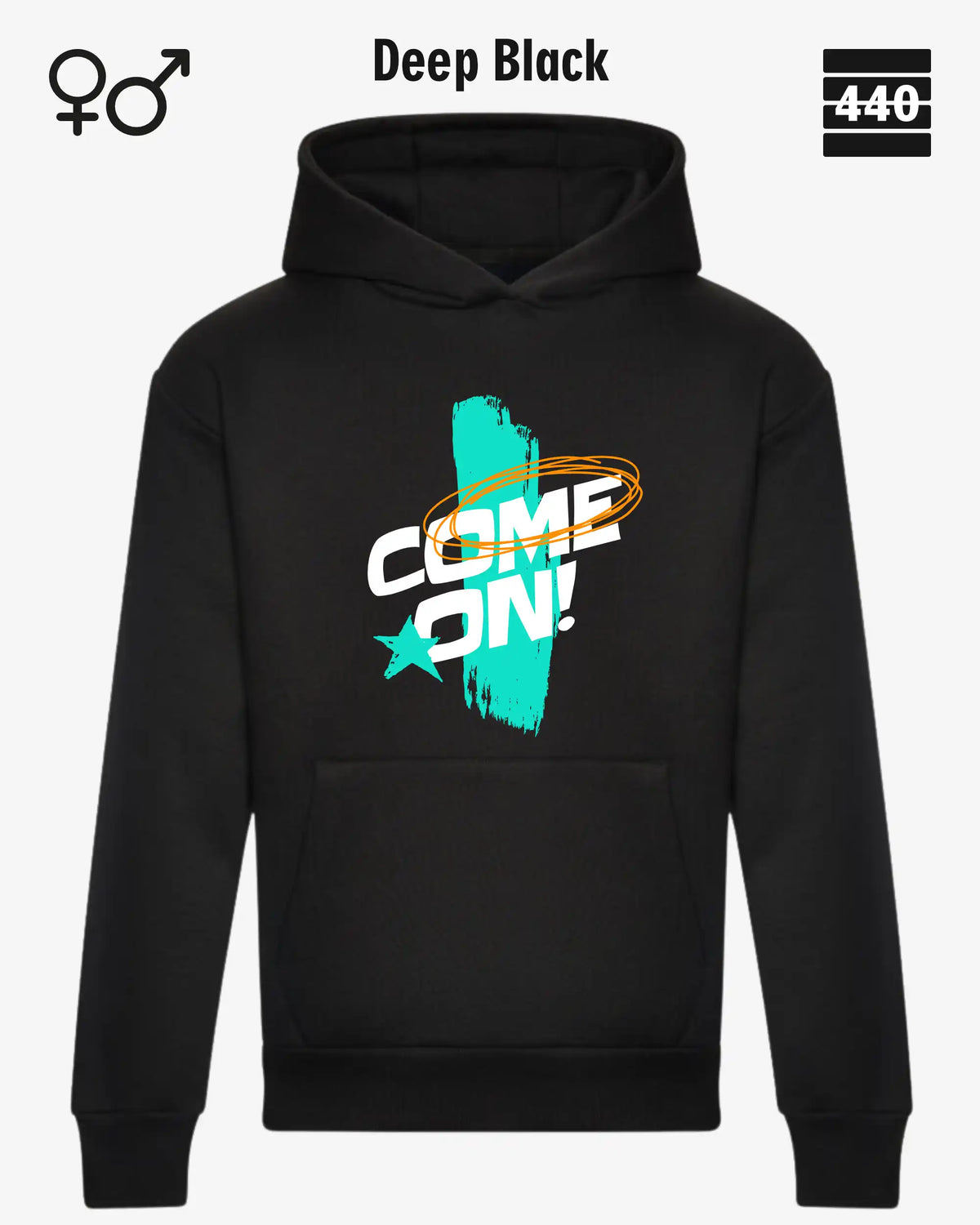 Das Bild zeigt den Heavyweight Design-Hoodie JH120 von just hoods in der farbe deep black mit dem temperamentvollen motiv "come on".