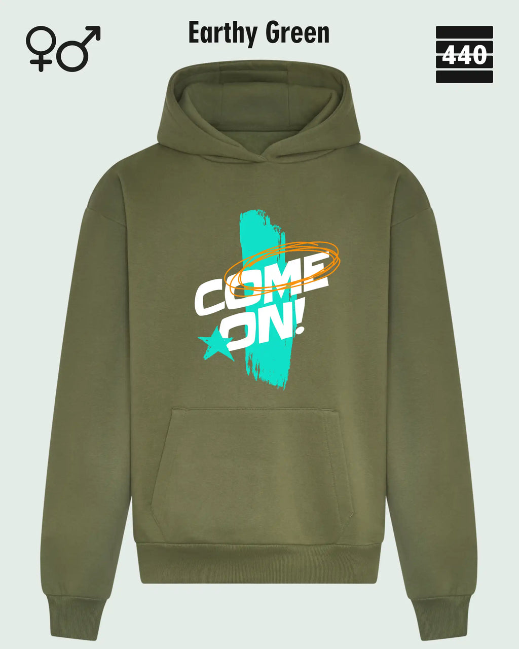 Das Bild zeigt den Heavyweight Design-Hoodie JH120 von just hoods in der farbe earthy green mit dem temperamentvollen motiv "come on".