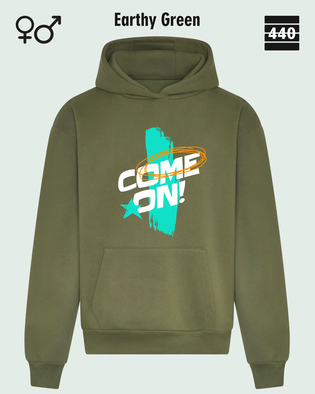 Das Bild zeigt den Heavyweight Design-Hoodie JH120 von just hoods in der farbe earthy green mit dem temperamentvollen motiv "come on".