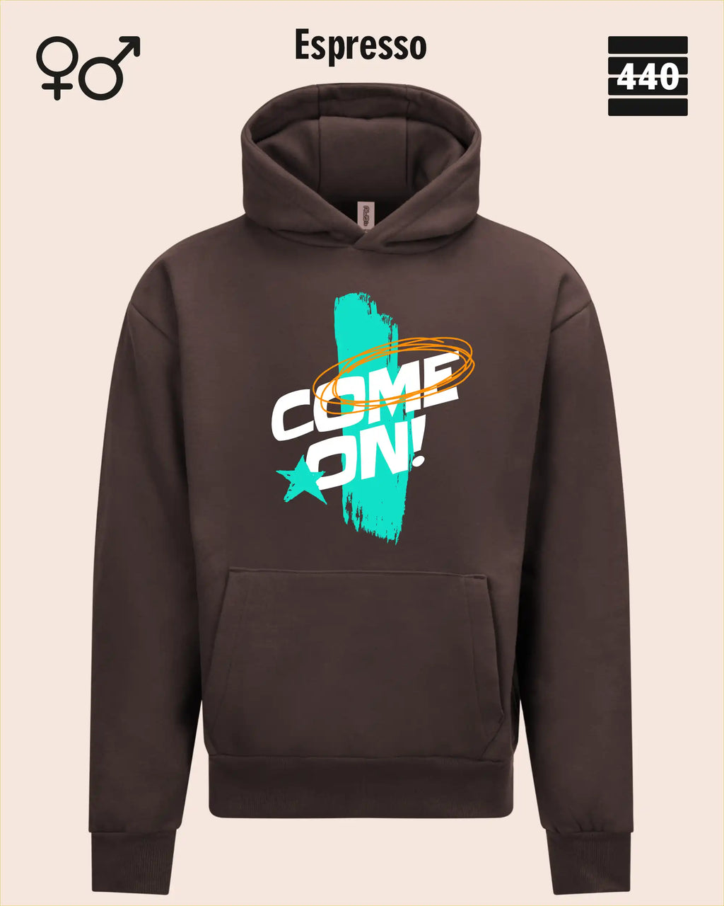 Das Bild zeigt den Heavyweight Design-Hoodie JH120 von just hoods in der farbe espresso mit dem temperamentvollen motiv "come on".
