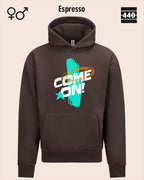 Das Bild zeigt den Heavyweight Design-Hoodie JH120 von just hoods in der farbe espresso mit dem temperamentvollen motiv "come on".