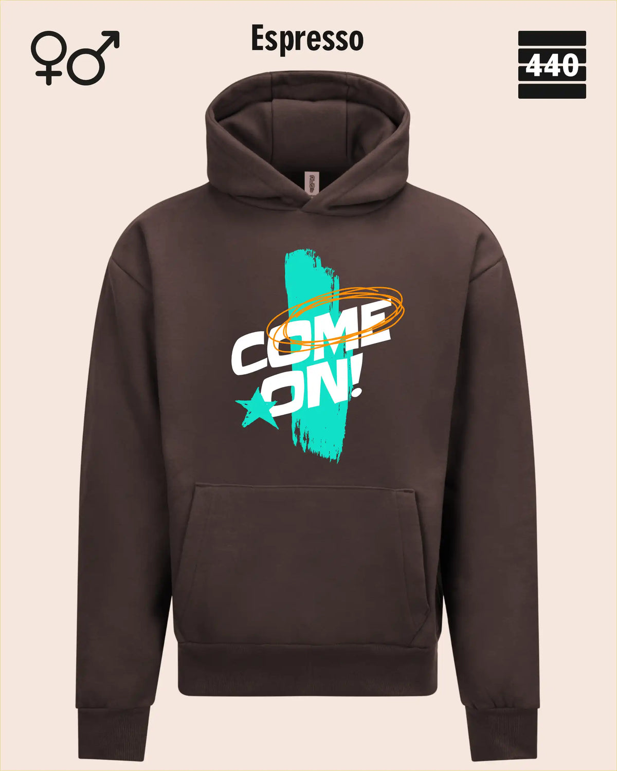Das Bild zeigt den Heavyweight Design-Hoodie JH120 von just hoods in der farbe espresso mit dem temperamentvollen motiv "come on".