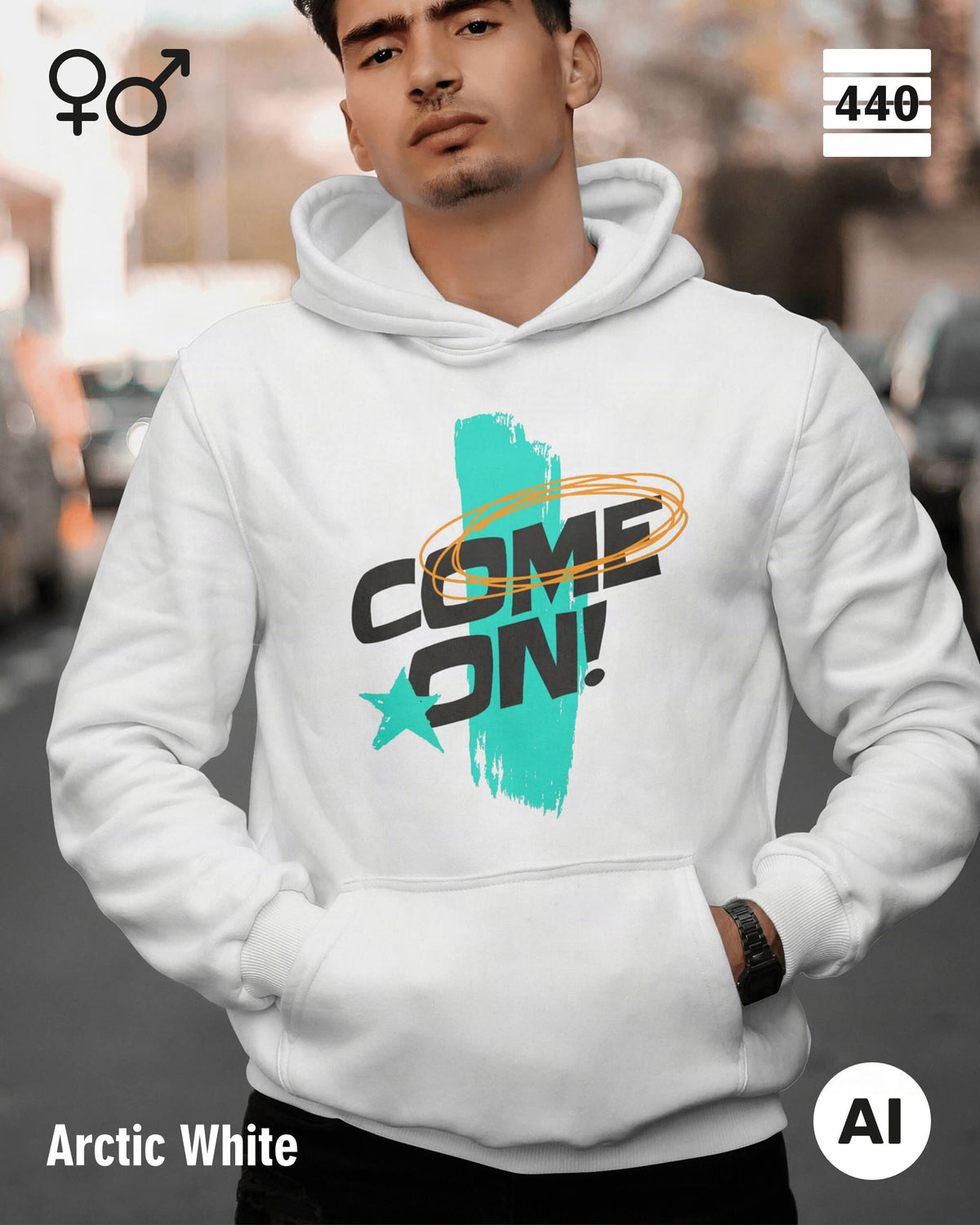 Ein mann trägt einen Heavyweight Design-Hoodie in der farbe XXX mit dem temperamentvollen motiv "come on".
