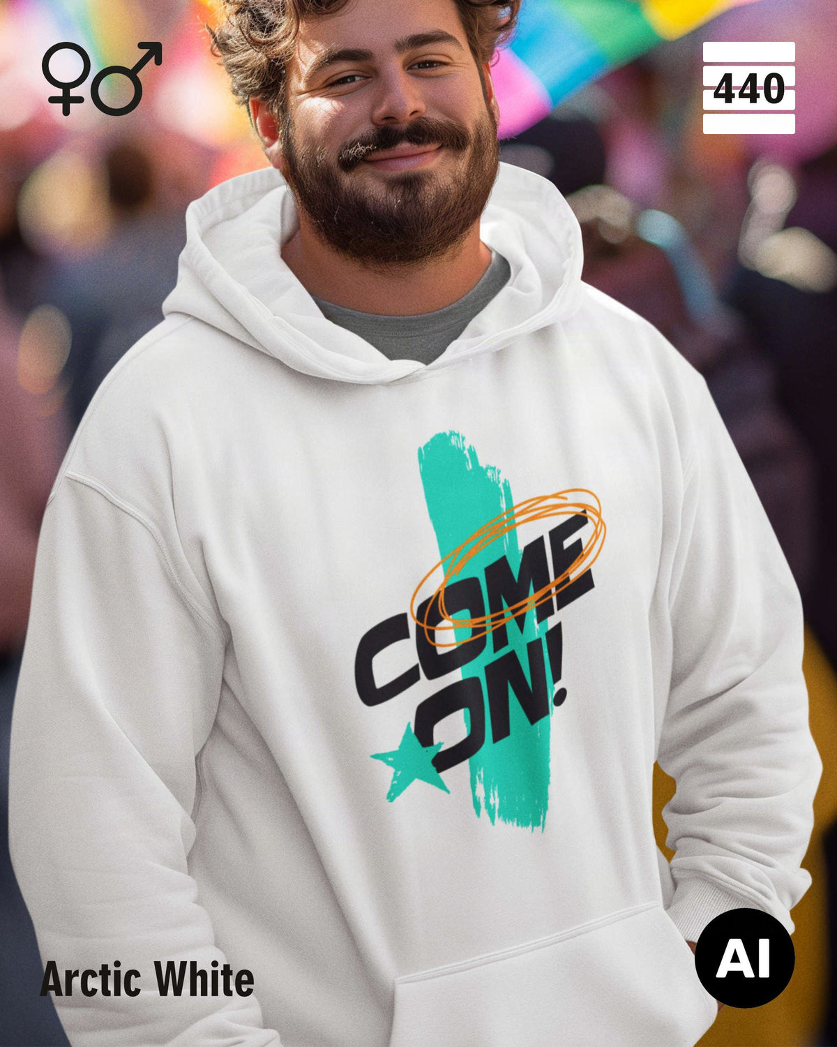 Eine Person trägt einen Heavyweight Design-Hoodie in der farbe arctic white mit dem temperamentvollen motiv "come on".
