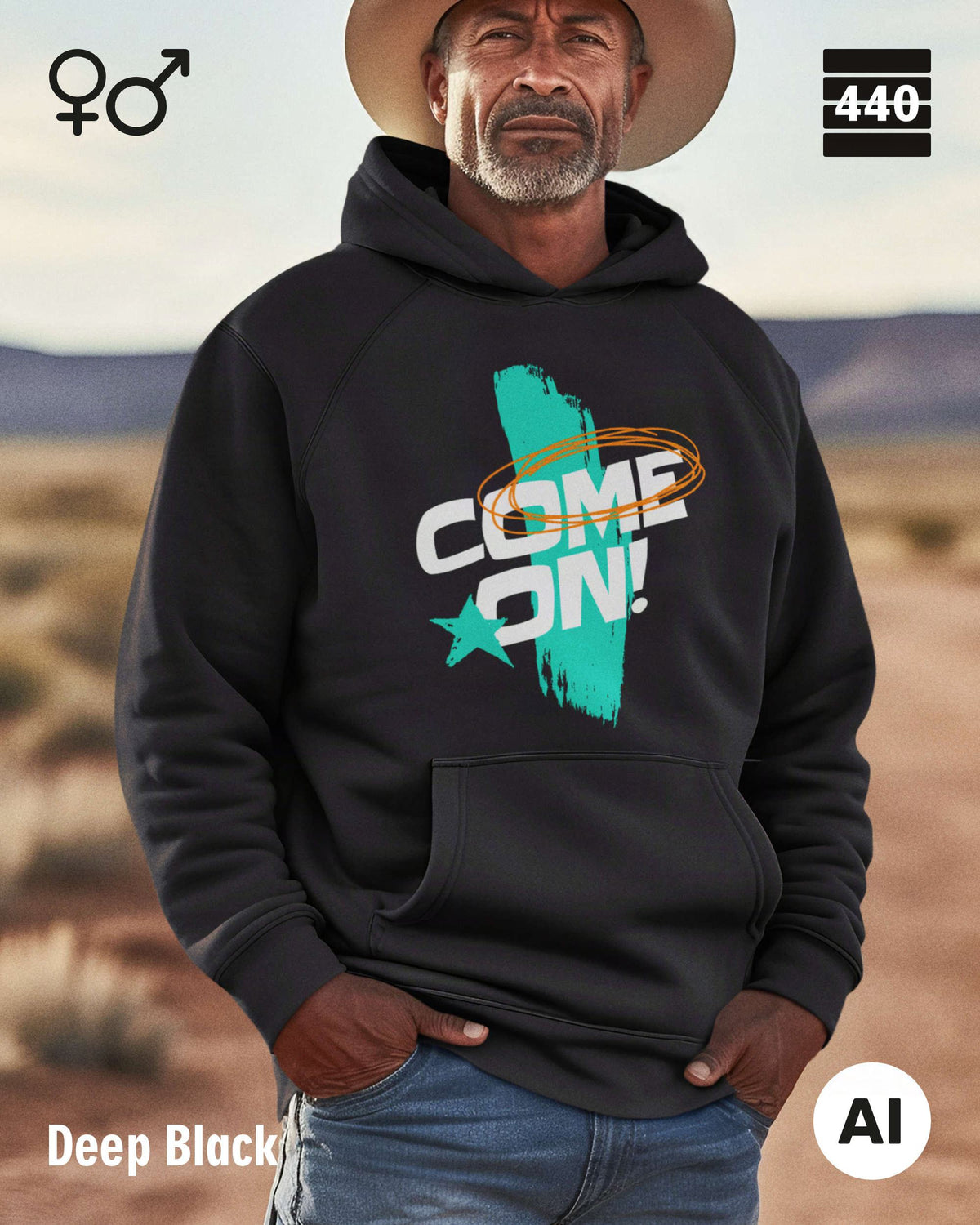 Eine Person trägt einen Heavyweight Design-Hoodie in der farbe deep black mit dem temperamentvollen motiv "come on".