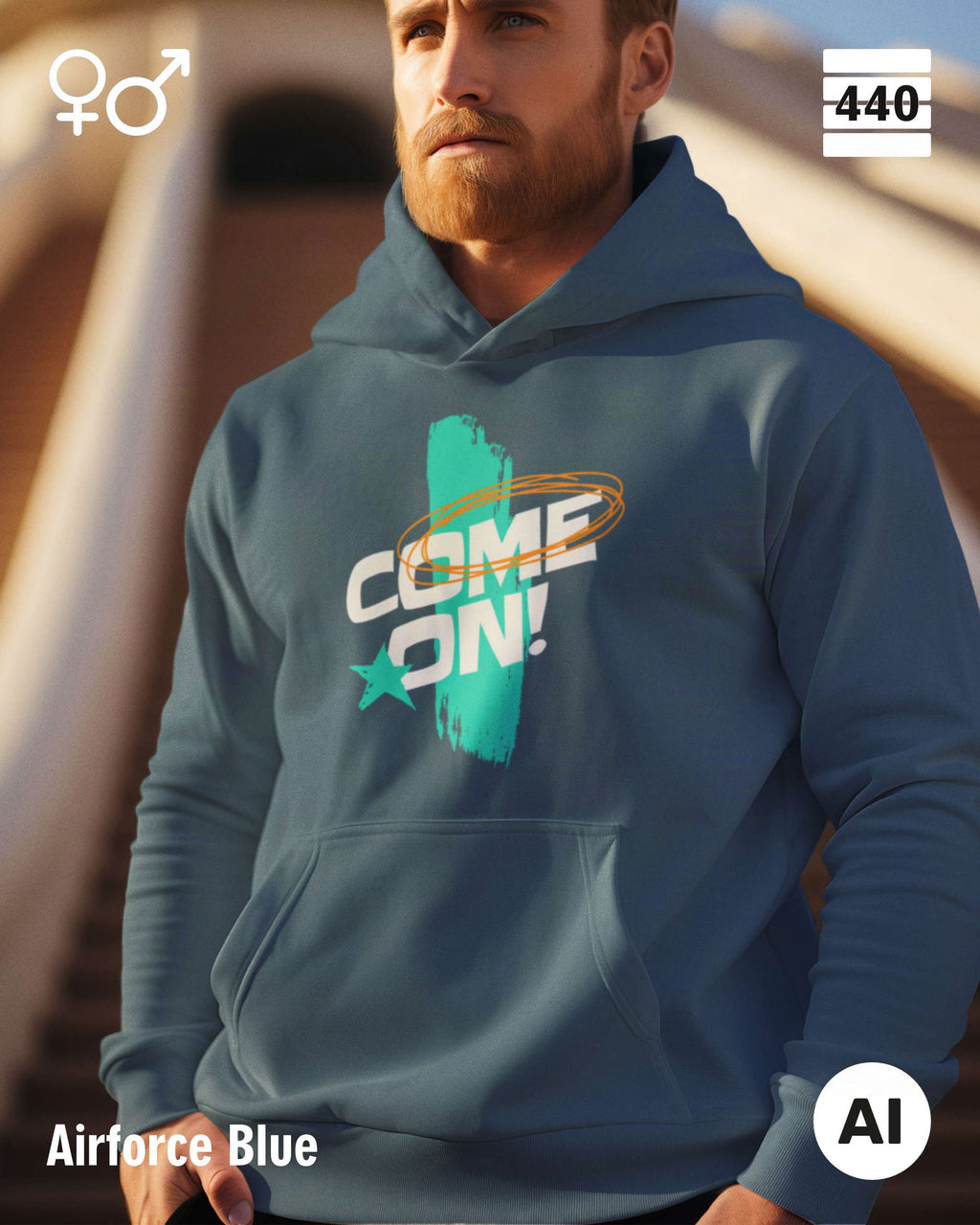 Eine Person trägt einen Heavyweight Design-Hoodie in der farbe airforce blue mit dem temperamentvollen motiv "come on".